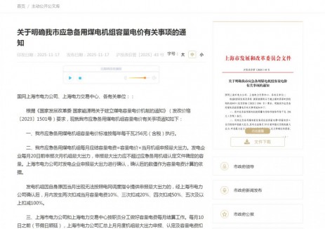 上海明确应急备用煤电机组容量电价：每年每千瓦256元