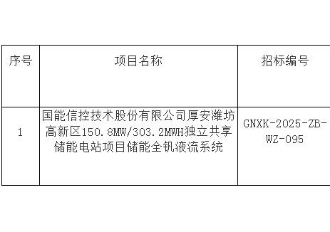 招标 | 国能信控150.8MW/303.2MWH独立共享储能电站项目储能全钒液流系统招标