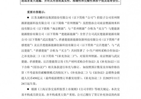 龙蟠科技与楚能新能源签署补充协议 合同总销售金额超450亿元