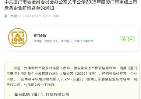 鹭岛氢能入选2025厦门重点上市后备企业名单