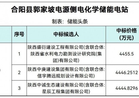 中标 | 0.6945~0.6962元/Wh！陕西合阳县郭家坡电源侧电化学储能电站中标候选人公示