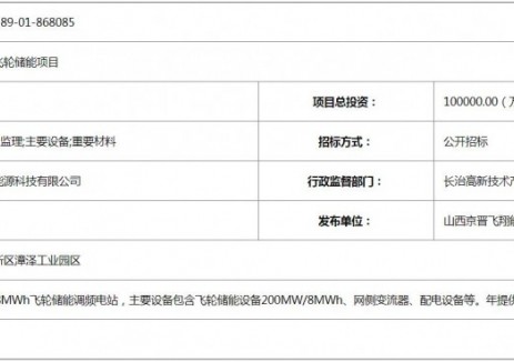 招标 | 山西漳泽发电公司200MW/8MWh飞轮储能调频电站预招标