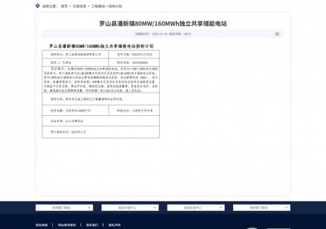 罗山县潘新镇80MW/160MWh独立共享储能电站招标计划