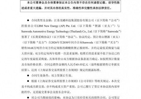 龙蟠科技签署45亿-55亿元磷酸铁锂正极材料订单