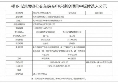 中标 | 浙江桐乡市洲泉镇公交车站充电桩建设项目中标候选人公示