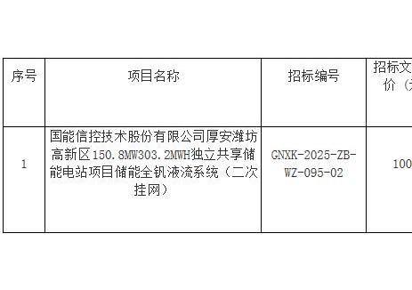 招标 | 国能信控150.8MW/303.2MWH独立共享储能电站项目储能全钒液流系统二次招标