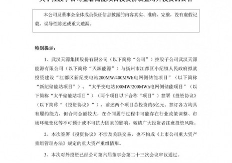 武汉天源控股子公司拟投建两个储能项目 总投资约6亿元