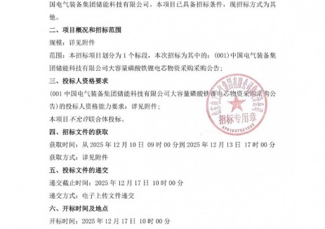 招标 | 中国电气装备采购314Ah以上大容量磷酸铁锂电芯