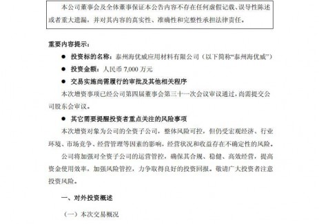 海优新材对子公司增资7000万元!
