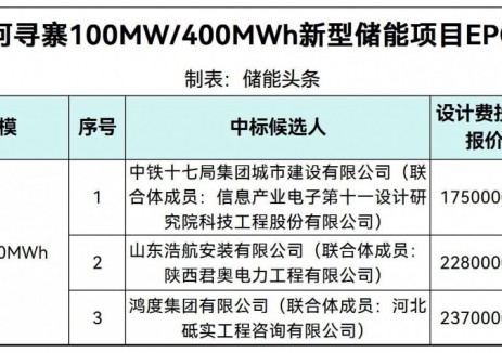 中标 | 量能新河寻寨100MW/400MWh新型储能项目EPC中标候选人公示