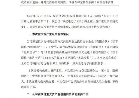 福达合金终止收购光达电子