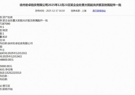 起拍价4.86万元！徐州宏卓拍卖有限公司拍卖某企业处置太阳能光伏板及附属配件一批