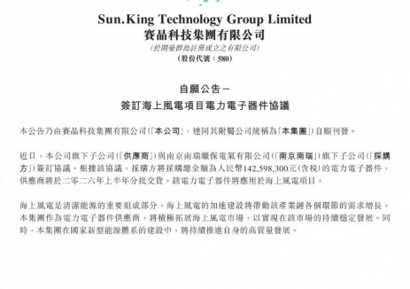 1.43亿元！赛晶科技签订海上风电合同