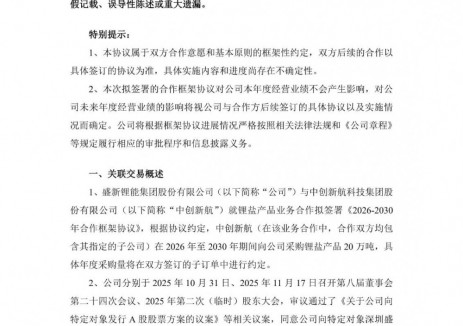 中创新航向盛新锂能采购20万吨锂盐产品