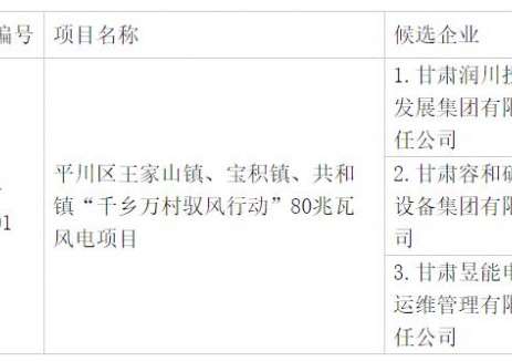 甘肅省白銀市平川區80兆瓦風電項目競爭性配置評審結果公示，三家企業入選