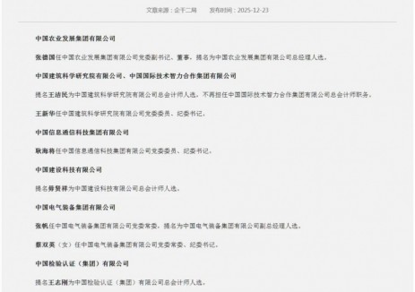 中国安能、中国电气装备集团等10户央企11名领导人员职务调整