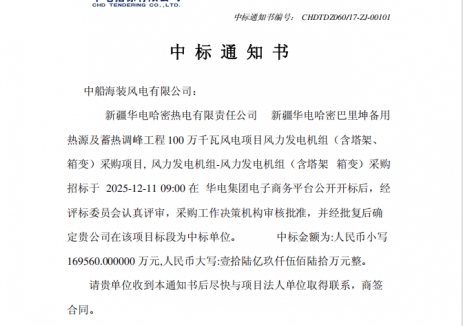 中标！中船科技再获新疆百万千瓦风电项目