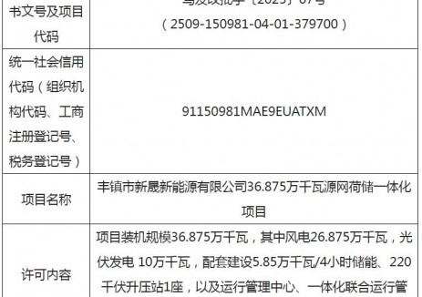 新晟新能源有限公司36.875萬千瓦源網荷儲一體化項目獲核準