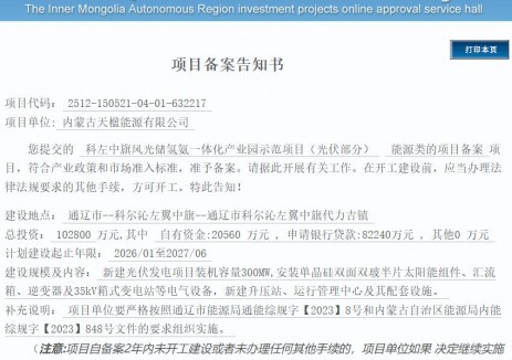 总投资10.28亿元！科左中旗风光储氢氨一体化产业园示范项目（光伏部分）获备案