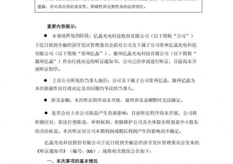 亿晶光电收到听证会通知