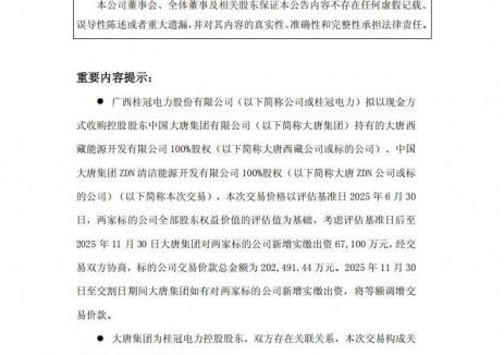 2.02亿元！桂冠电力收购大唐集团旗下子公司100%股权