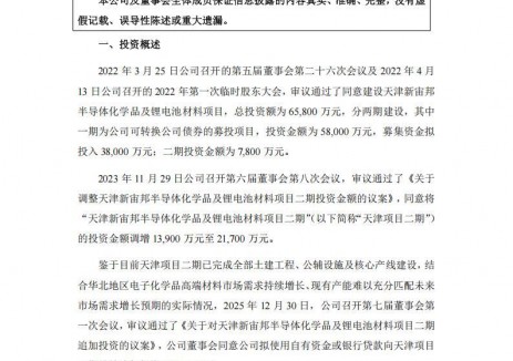 新宙邦对锂电池项目追加投资