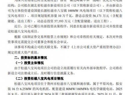 总投资5.72亿元！长源电力拟建100MW 风电项目