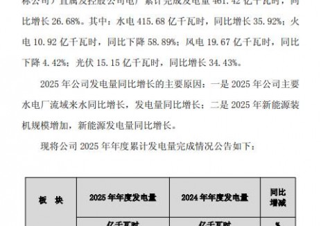 桂冠电力：2025年光伏发电量15.15 亿千瓦时，同比增长34.43%