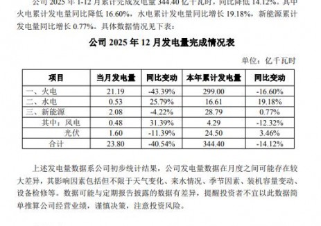 长源电力：2025年光伏发电量24.50亿千瓦时