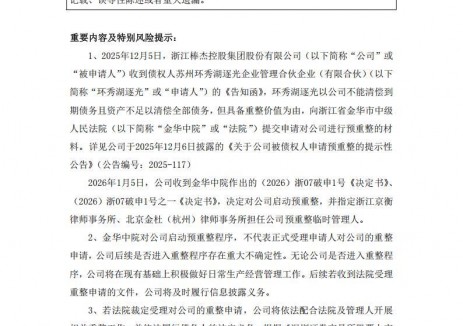 棒杰股份启动预重整