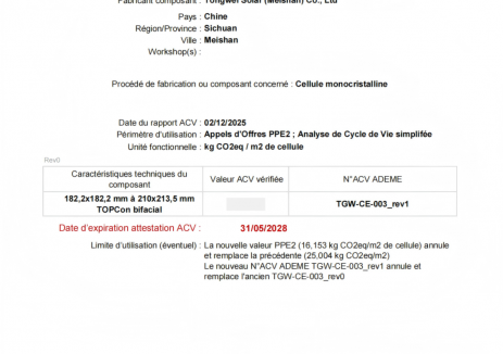 通威太阳能（眉山）有限公司TOPCon产品荣获法国碳足迹认证证书