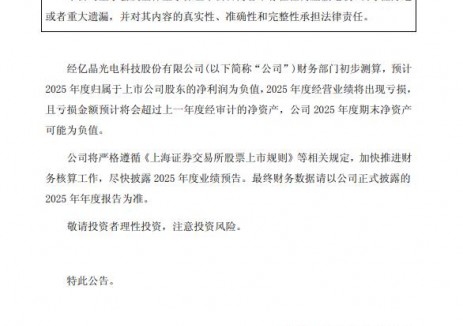 亿晶光电：公司2025年度期末净资产可能为负值