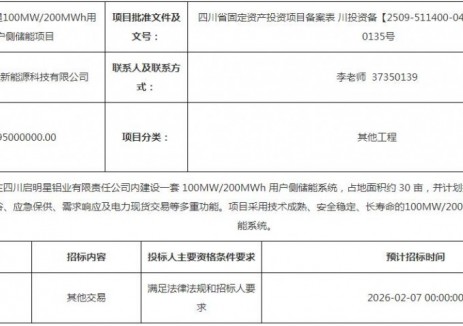 投标 | 四川启明星100MW/200MWh用户侧储能项目招标计划公告发布