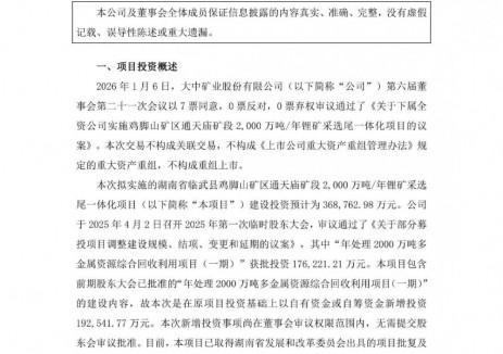 大中矿业拟36.88亿元投建年产2000万吨锂矿采选尾一体化项目