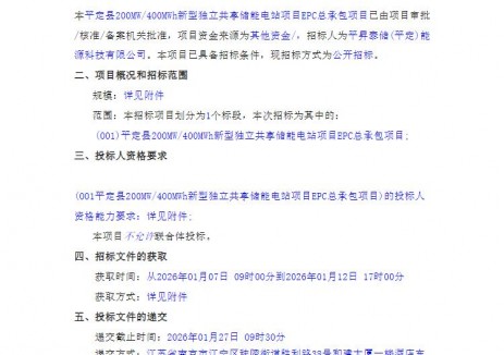 投标 | 山西省阳泉市平定县200MW/400MWh新型独立共享储能电站项目EPC招标