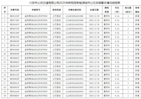 2025年安徽省六安市新购置新能源公交车公示