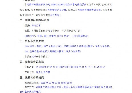 招标 | 河南200MW/400MWh独立共享电储能项目EPC及监理招标