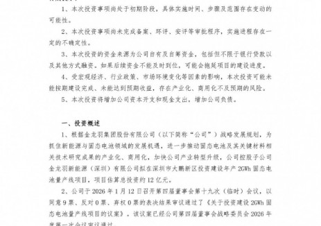 金龙羽拟12亿元投建年产2GWh固态电池量产线项目