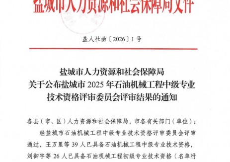 江苏省盐城市关于公布盐城市2025年石油机械工程中级专业技术资格评审委员会评审结果的通知