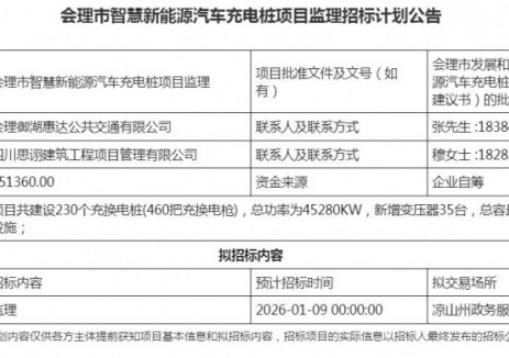 招标 | 四川会理市智慧新能源汽车充电桩项目监理招标计划