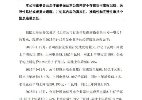 川投能源：2025年1-12月，控股光伏发电企业累计完成发电量2.71亿千瓦时