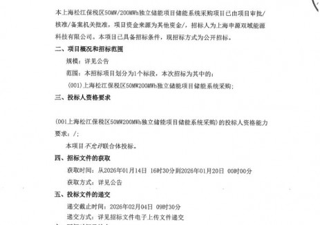 招标 | 磷酸铁锂储能+半固态电池储能,上海50MW/200MWh储能系统招标