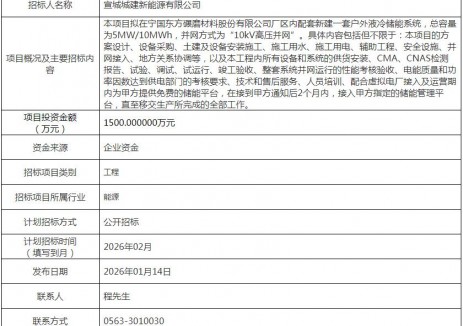 招标 | 安徽宣城5MW/10MWh储能项目EPC招标计划