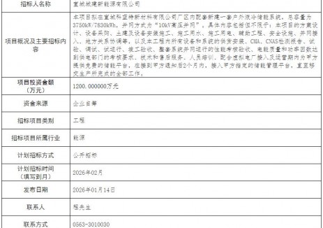 招标 | 安徽宣城3750kW/7830kWh储能项目EPC招标计划发布