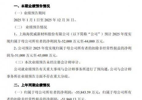 海优新材：2025年预计亏损4.4到5.2亿元