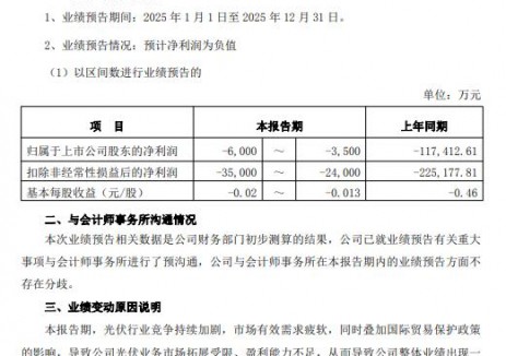 中利集团：2025年亏损3500-6000万元