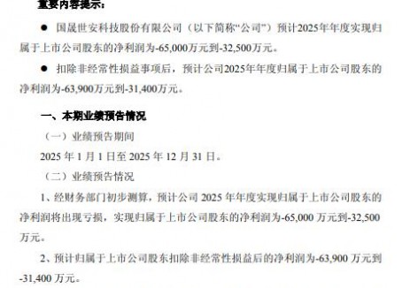 国晟科技：2025年预计亏损3.14亿元至6.39亿元