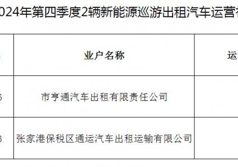 江苏张家港市交通运输局关于发放2024年第四季度更新的2辆新能源巡游出租车运营补贴的公示