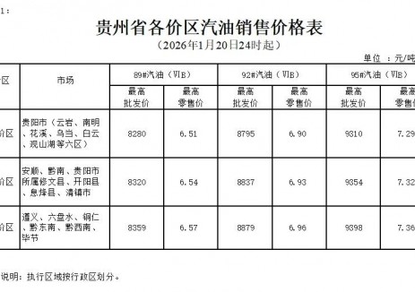 贵州油价:自2026年1月20日24时起一价区92号汽油最高零售价为6.9元/升