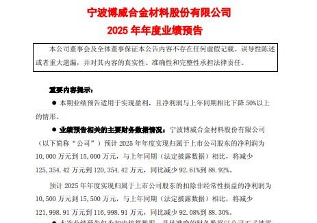 博威合金:2025年预计净利润预计1-1.5亿元